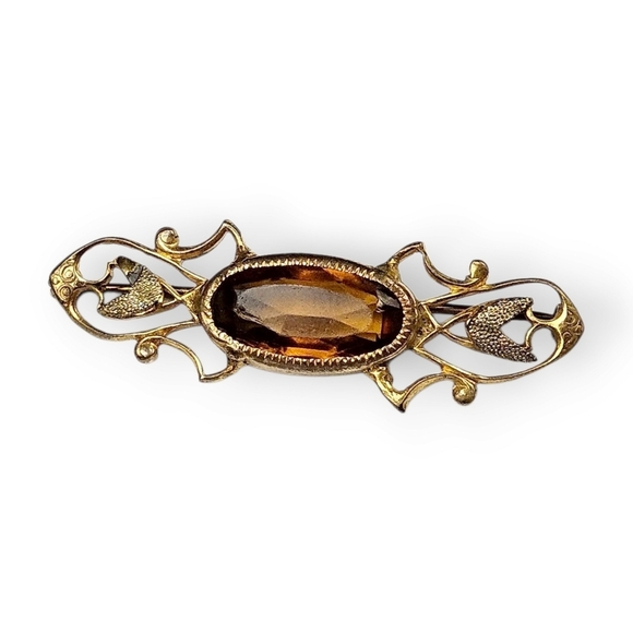 Antique Art Nouveau Bar Brooch Topaz Glass Gem Floral Gold Plated 1910s Vtg FLAW - Picture 2 of 8